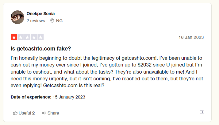 Getcashto Trust Pilot reviews: